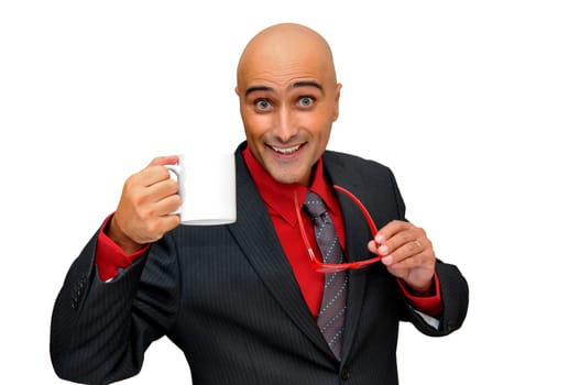 Businessman with a coffee mug isolated in white