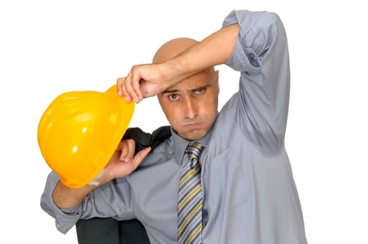 Tired engineer with hat isolated in white