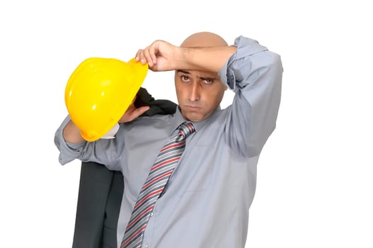 Tired engineer with hat isolated in white