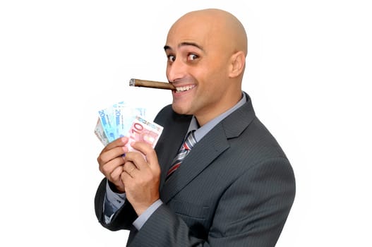 Businessman with money and a cigar isolated in white