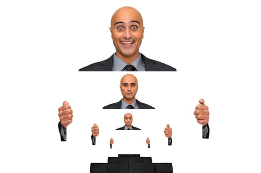 Businessman with a card from happy to sad faces isolated in white