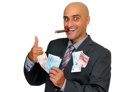 Businessman with money and a cigar isolated in white
