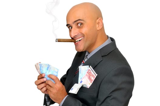 Businessman with money and a cigar isolated in white