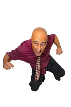 Powerful businessman jumping isolated in white