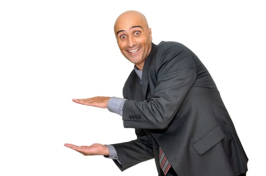 Happy businessman with hands up isolated in white