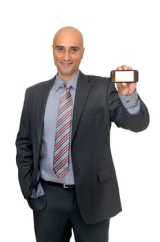 Happy businessman with cellphone