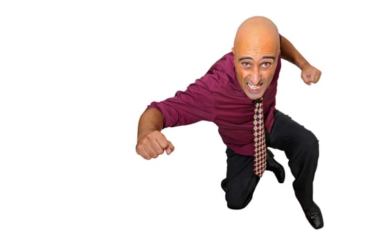 Powerful businessman jumping isolated in white