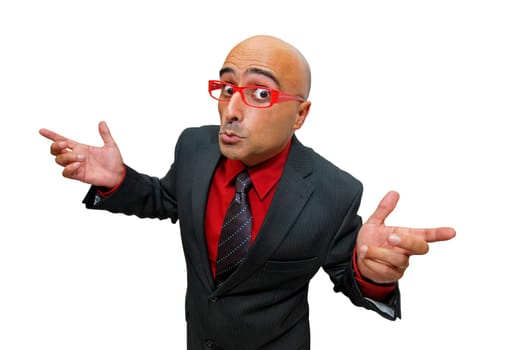 Confused businessman with arms raised isolated in white