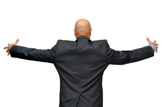 Businessman back with open arms isolated in white