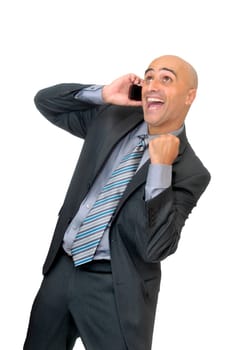 Happy businessman with cellphone