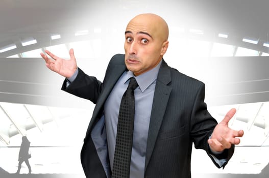 Businessman with open arms, with a "I dont know"" expression"