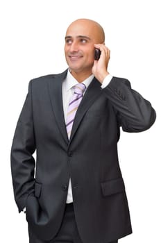 Businessman with cellphone isolated in white
