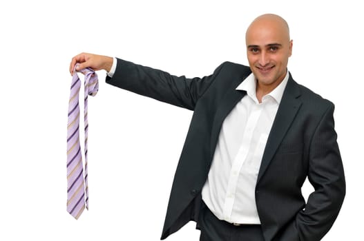 Businessman taking off his tie isolated in white
