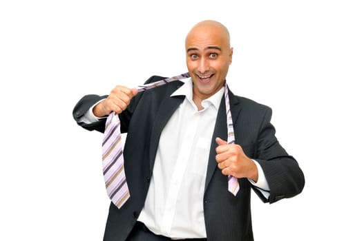 Businessman taking off his tie isolated in white