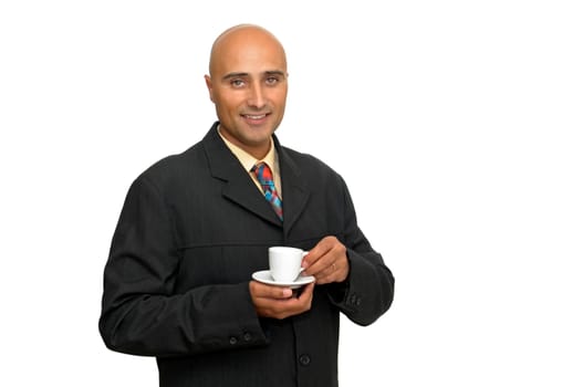 Businessman with coffee cup isolated in white