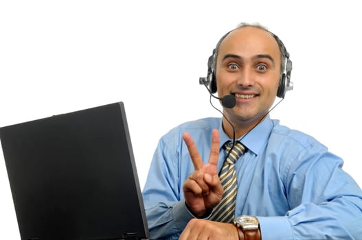 Businessman with laptop isolated in white