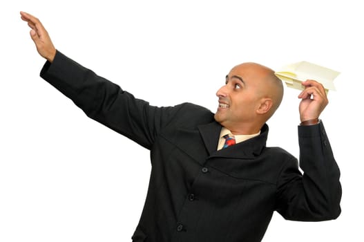 Businessman with paper airplane isolated in white