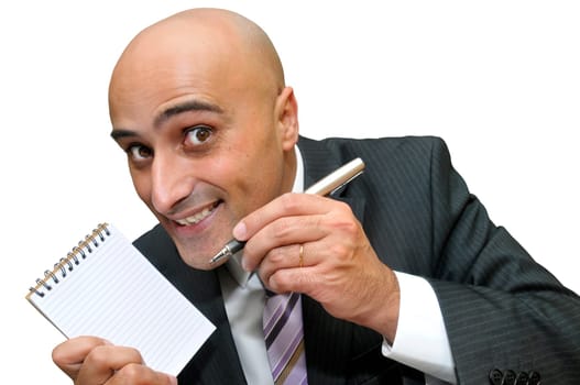 Businessman with pen and notebook isolated in white