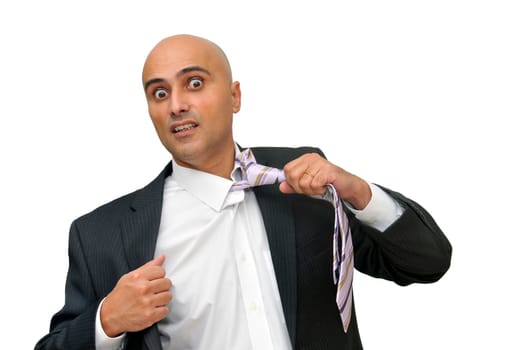 Stressed businessman isolated in white