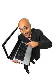 Businessman with laptop computer isolated in white