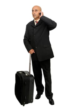 Traveler businessman with suitcase isolated in white