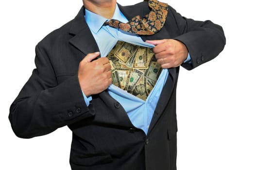 Businessman opening his shirt showing dollar bills isolated in white