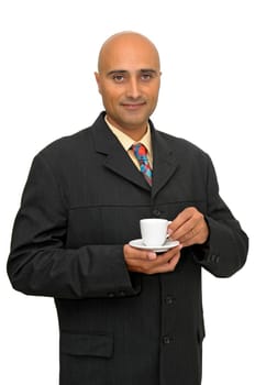 Businessman with coffee cup isolated in white