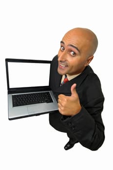 Businessman with laptop computer isolated in white
