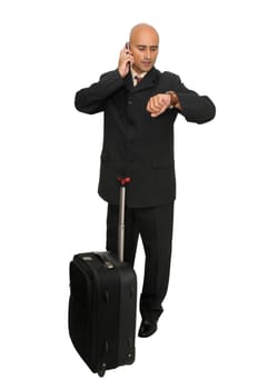 Traveler businessman with suitcase isolated in white