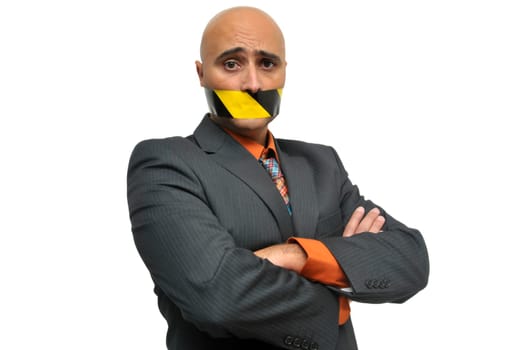 Businessman portrait with duct tape in is mouth