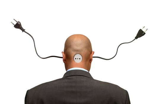 Businessman head with plugs isolated in white