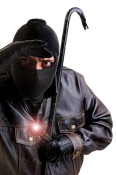 Burglar with flashlight and crowbar isolated in white