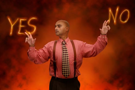 businessman in hell making a choice