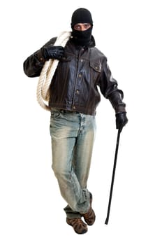 Burglar with rope and crowbar isolated in white