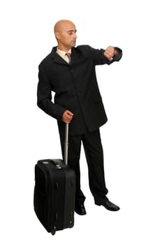 Traveler businessman with suitcase isolated in white