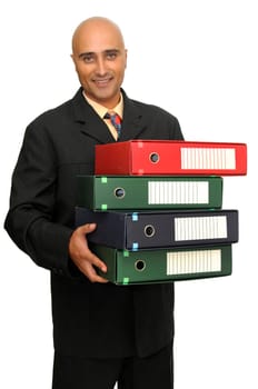 Businessman with files isolated in white