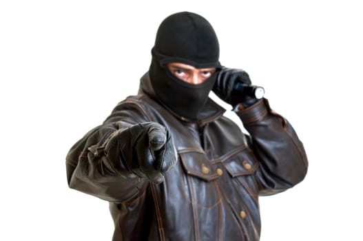 Burglar with flashlight isolated in white