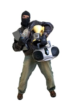 Burglar with goods isolated in white