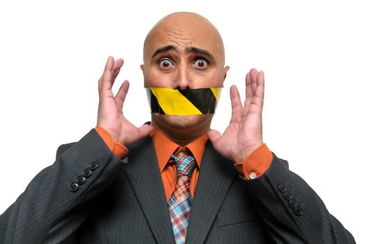 Businessman portrait with duct tape in is mouth