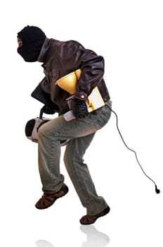Burglar with goods isolated in white