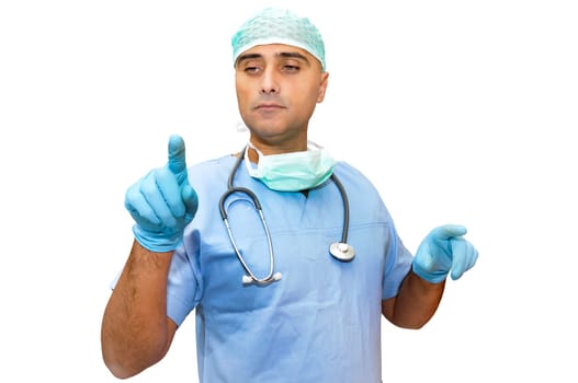 Doctor in uniform pushing buttons isolated in white