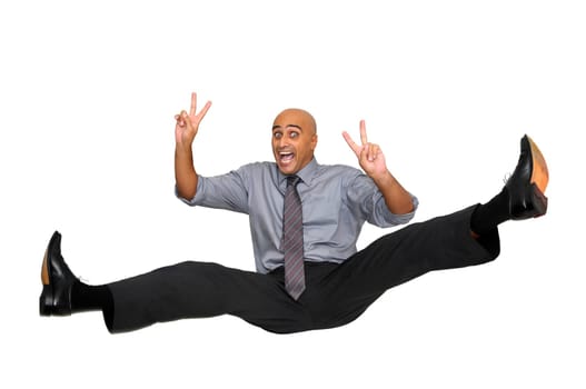 Happy businessman jumping high isolated in white