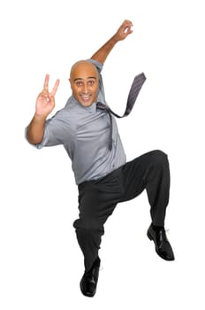 Happy businessman jumping high isolated in white