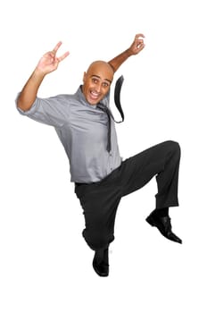 Happy businessman jumping high isolated in white