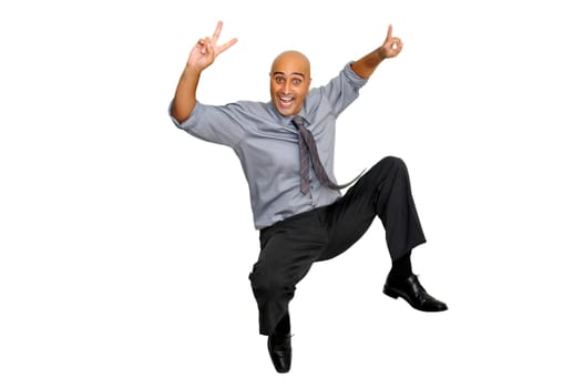 Happy businessman jumping high isolated in white