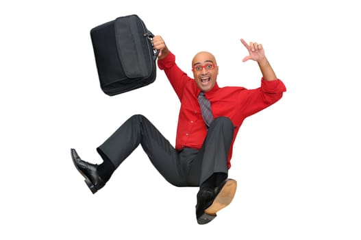 Happy businessman jumping high isolated in white