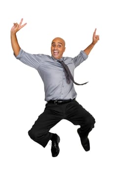 Happy businessman jumping high isolated in white