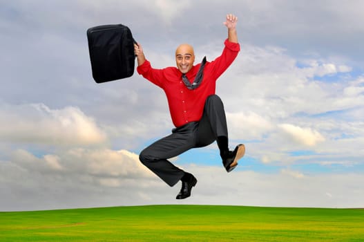 Happy businessman jumping outdoors in a green field