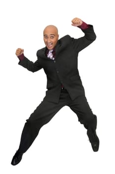 Happy businessman jumping against a white background