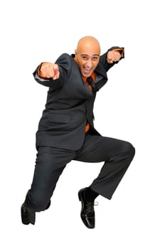 Happy businessman jumping high isolated in white